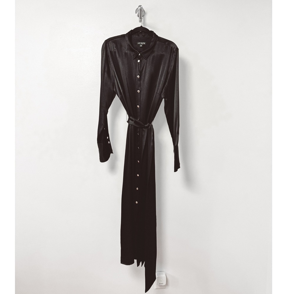 J.Crew Drapey Satin Maxi Shirt Dress Long Sleeve Button Down Belt Luster 18 - Picture 2 of 11